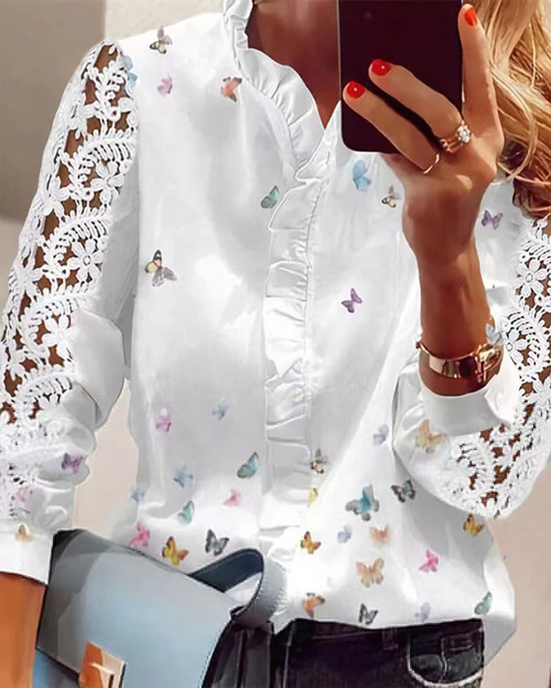 Lace Blouse with Printed Panels
