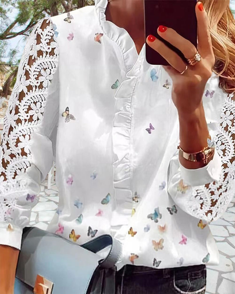 Lace Blouse with Printed Panels