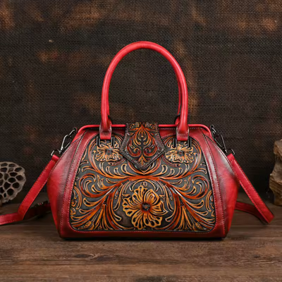 Florina - Leather Handbag with Engraving and Floral Pattern