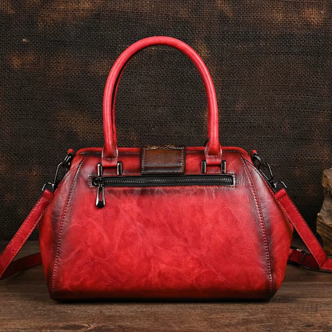 Florina - Leather Handbag with Engraving and Floral Pattern