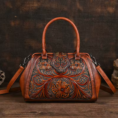 Florina - Leather Handbag with Engraving and Floral Pattern