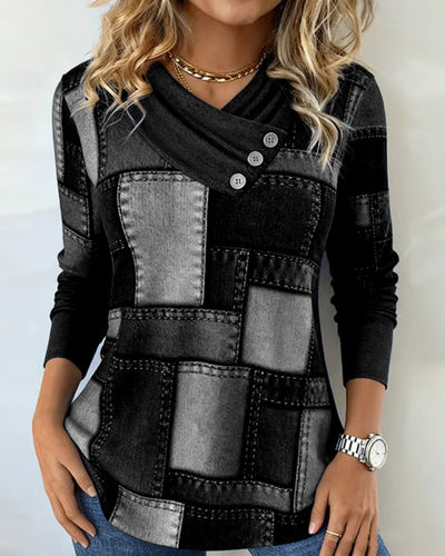 Long Sleeve V-Neck Top with Solid Contrast