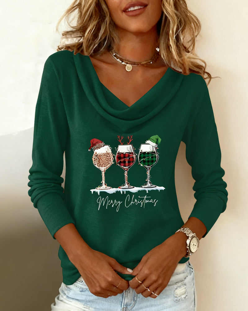 Layered Collar Top with Wine Glass Print