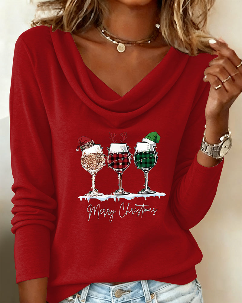 Layered Collar Top with Wine Glass Print