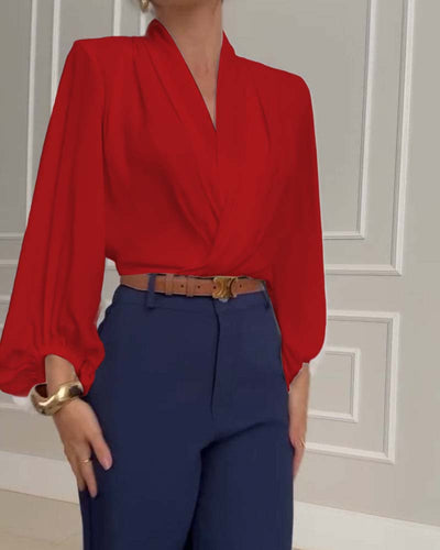 Trendy Lantern Sleeve Blouse with Solid V-Neck