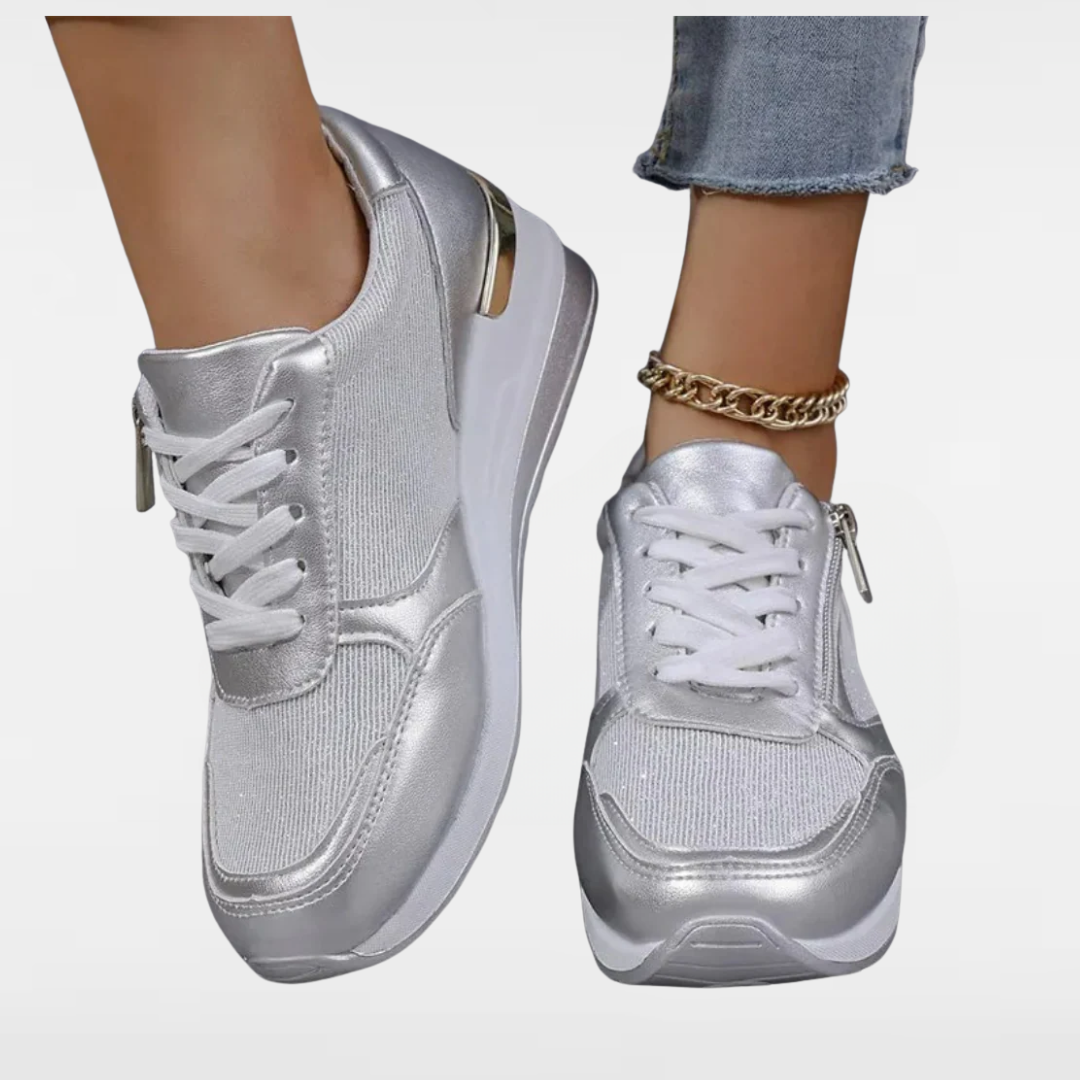 Jenny | Sparkling Silver and Gold Lace-Up Fashion Sneakers with Side Zip