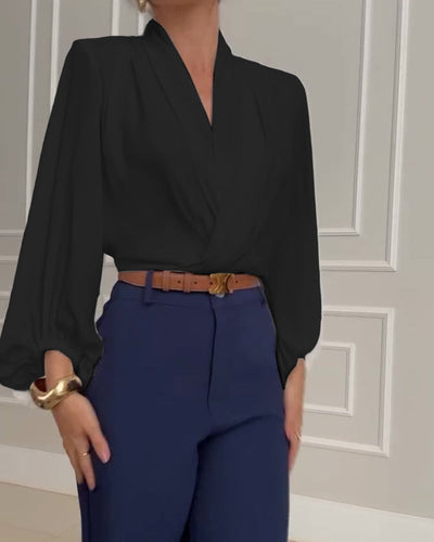 Trendy Lantern Sleeve Blouse with Solid V-Neck