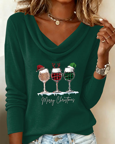 Layered Collar Top with Wine Glass Print