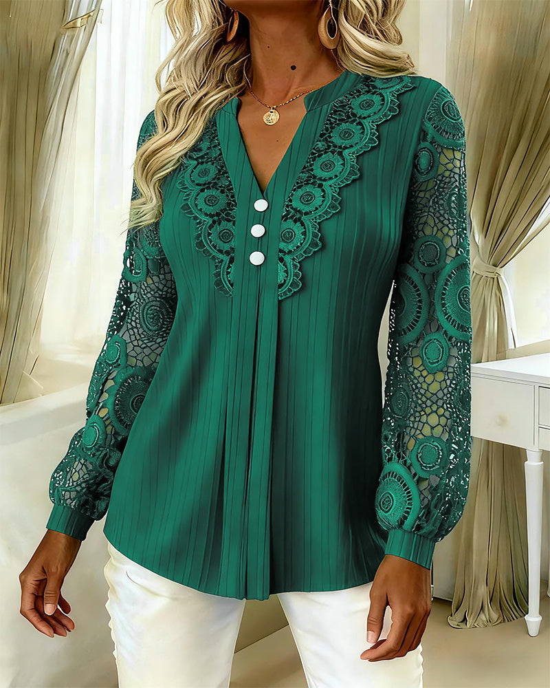 Lace Blouse with Panels Long Sleeves V-Neck