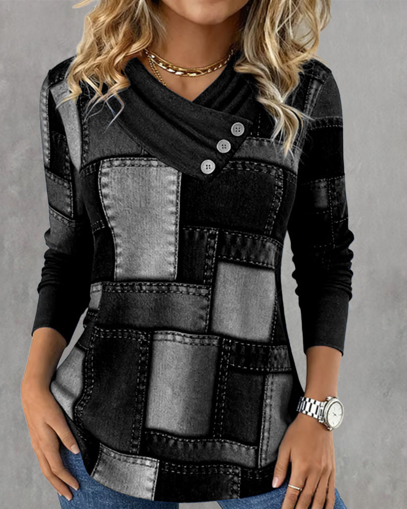 Long Sleeve V-Neck Top with Solid Contrast