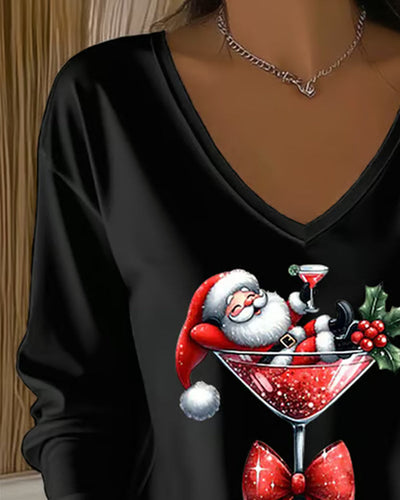 Loose V-Neck Top with Christmas Wine Glass Print