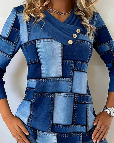 Long Sleeve V-Neck Top with Solid Contrast