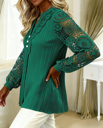 Lace Blouse with Panels Long Sleeves V-Neck