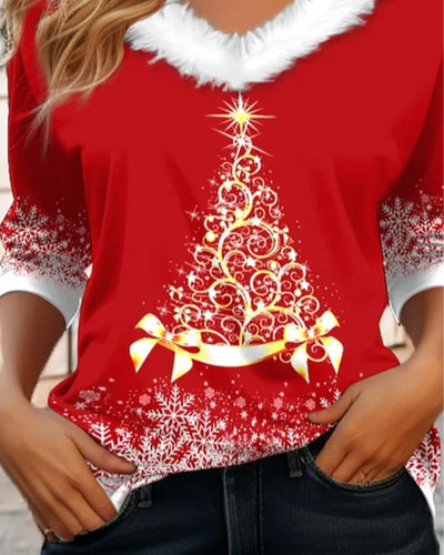Fluffy Top with V-Neck and Christmas Tree Print