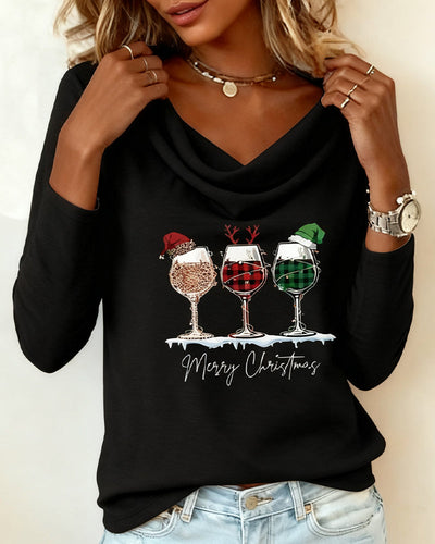 Layered Collar Top with Wine Glass Print