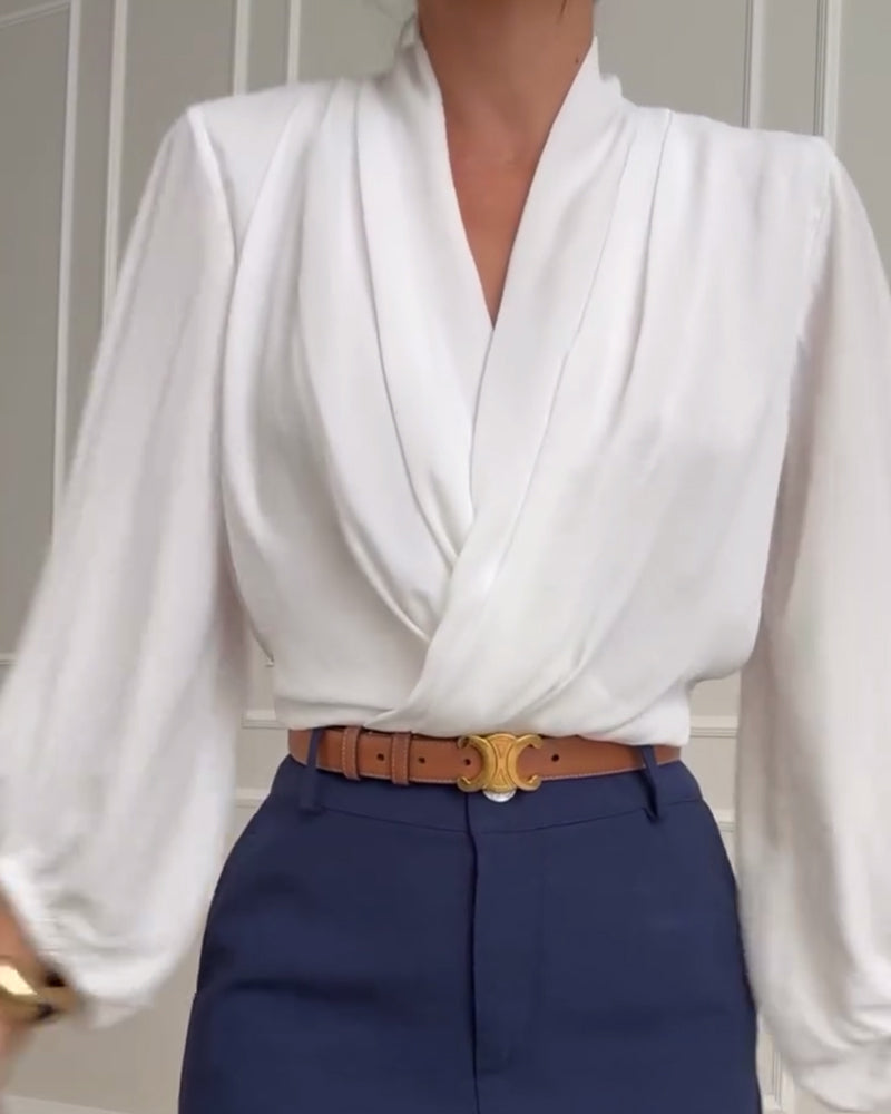 Trendy Lantern Sleeve Blouse with Solid V-Neck