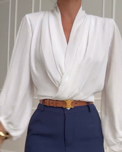 Trendy Lantern Sleeve Blouse with Solid V-Neck