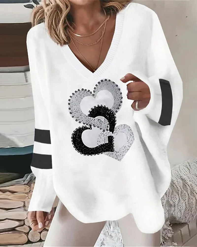 Casual Long Sleeve Heart Print Top