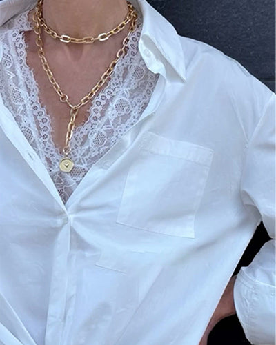 Shirt and Lace Underwear Set Solid Color Long Sleeves