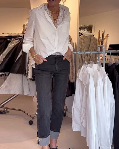 Shirt and Lace Underwear Set Solid Color Long Sleeves