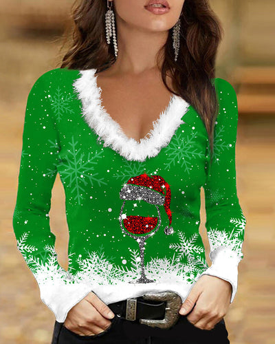 Printed Long Sleeve Top with V-Neck