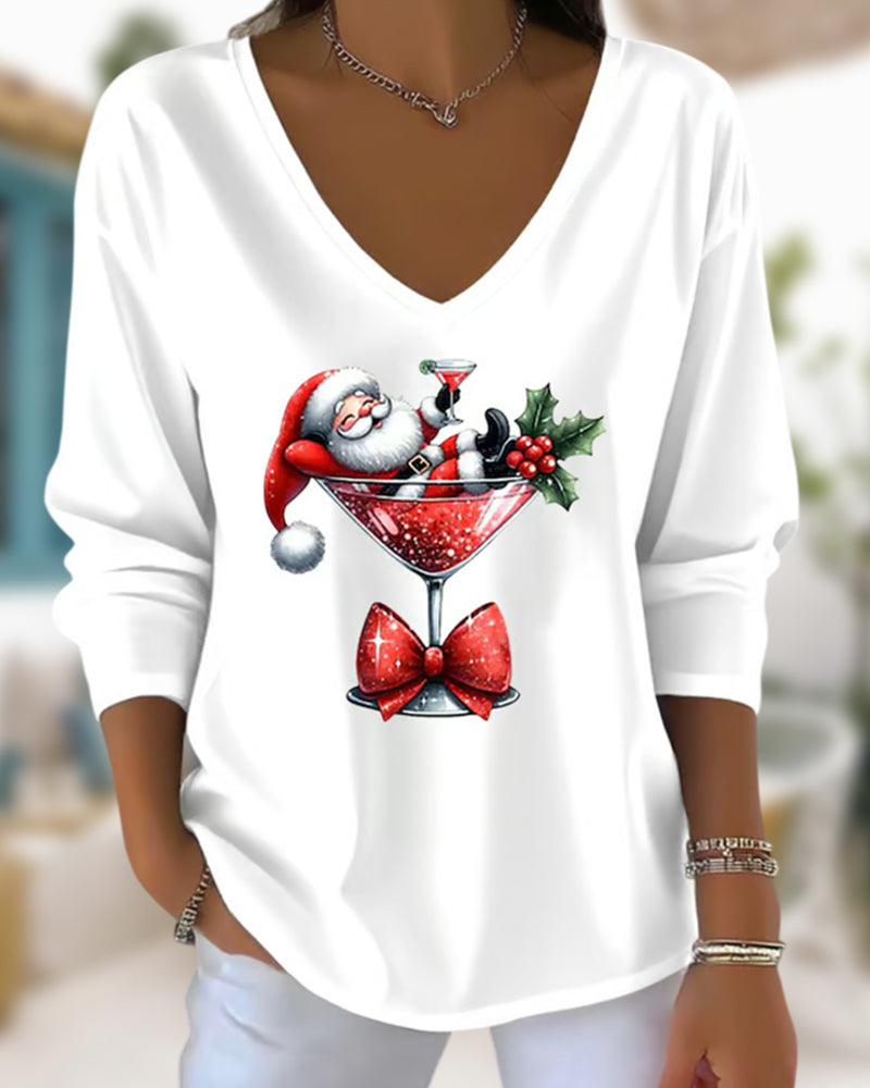 Loose V-Neck Top with Christmas Wine Glass Print