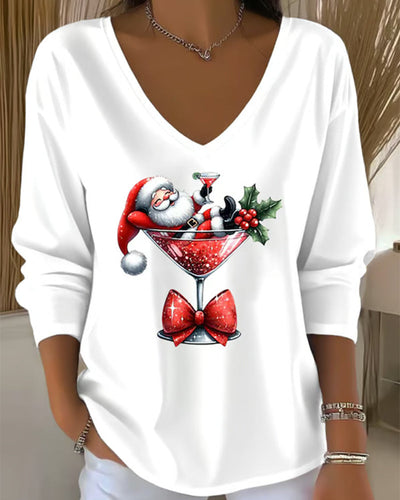 Loose V-Neck Top with Christmas Wine Glass Print