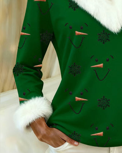 Trendy Printed Fur Collar Top