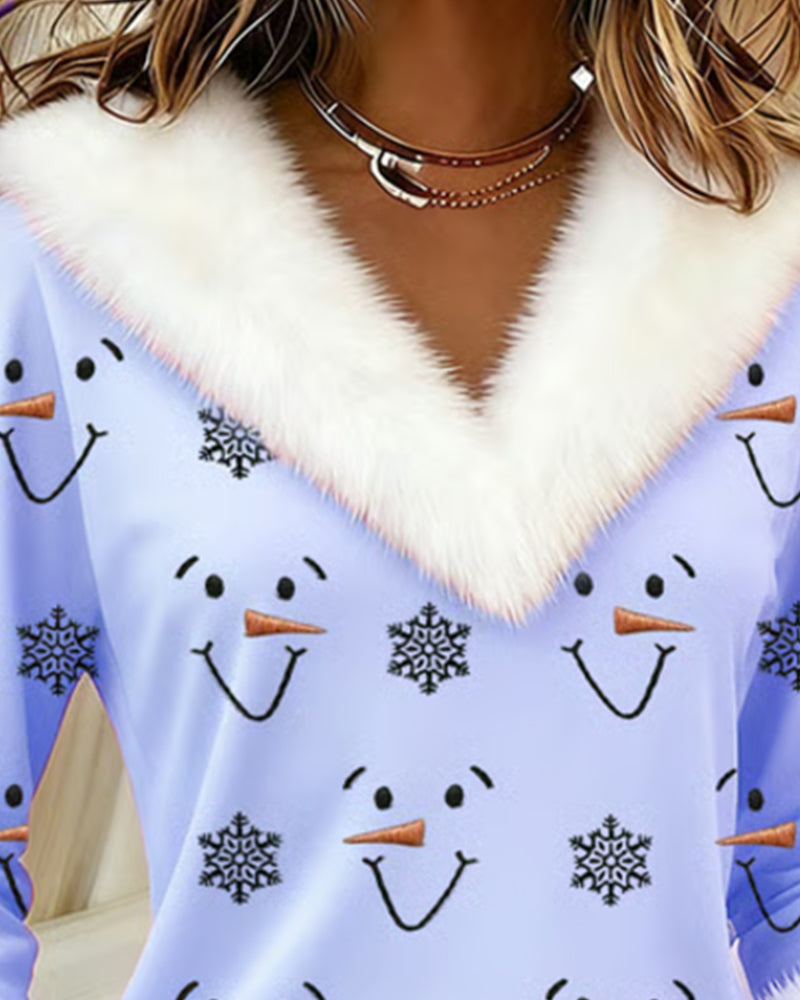 Trendy Printed Fur Collar Top