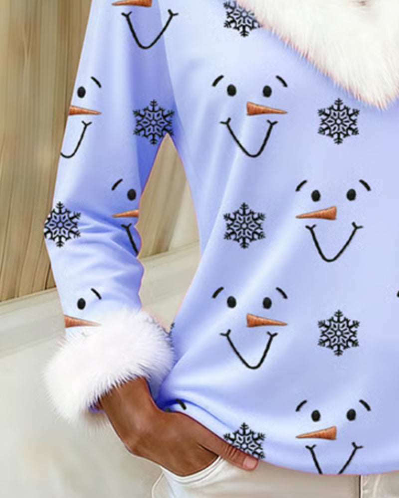 Trendy Printed Fur Collar Top