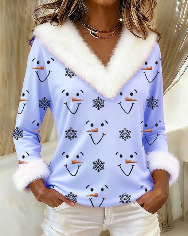 Trendy Printed Fur Collar Top