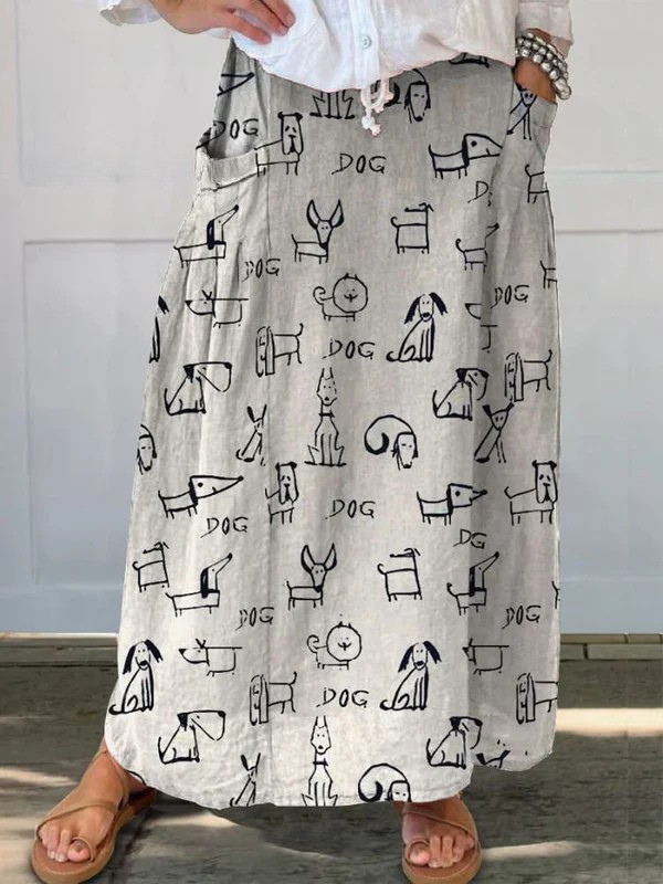 Women's Cute Dog Art Print Linen Pocket Skirt
