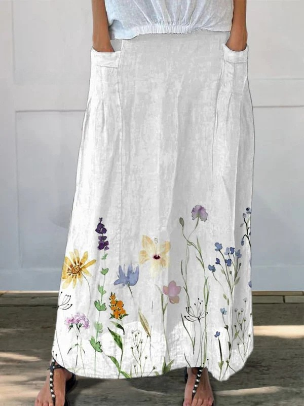 Watercolor Spring Meadows Art Printed Women's Linen Elastic Waistband Pocket Skirt