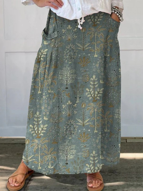 Woodland Vegetation Pattern Printed Women's Linen Elastic Waistband Pocket Skirt