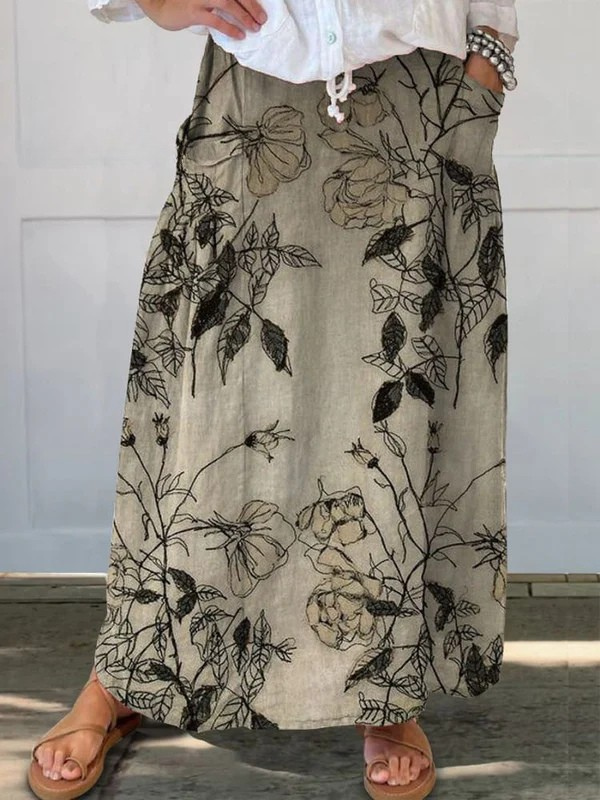 Women's Retro Floral Art Linen Elastic Waistband Pocket Skirt