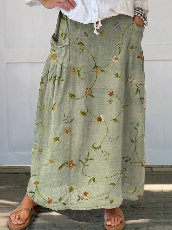 Women's Retro Floral Art Linen Elastic Waistband Pocket Skirt
