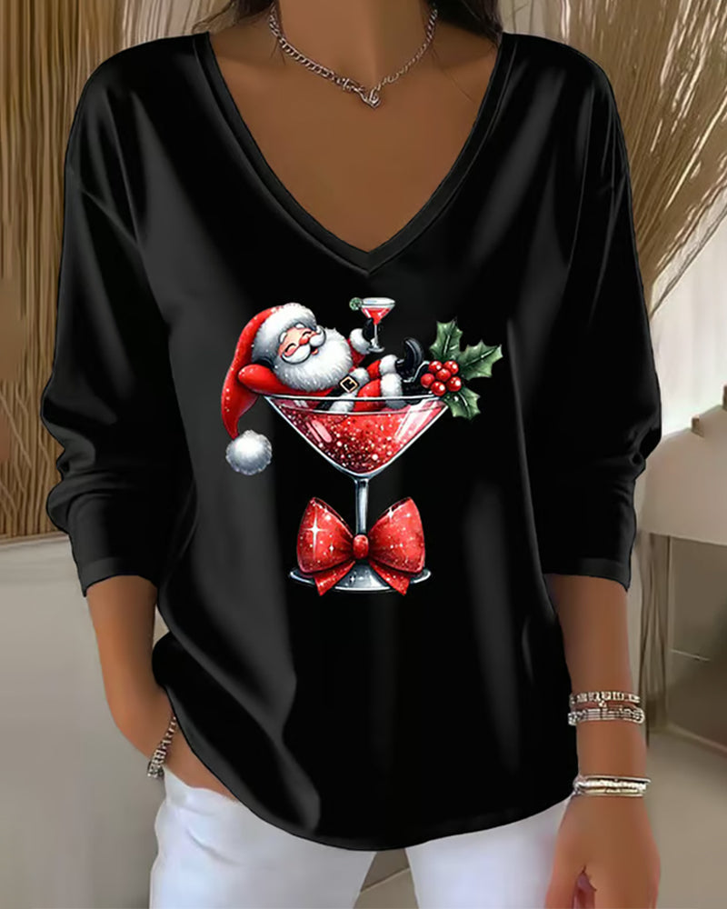Loose V-Neck Top with Christmas Wine Glass Print