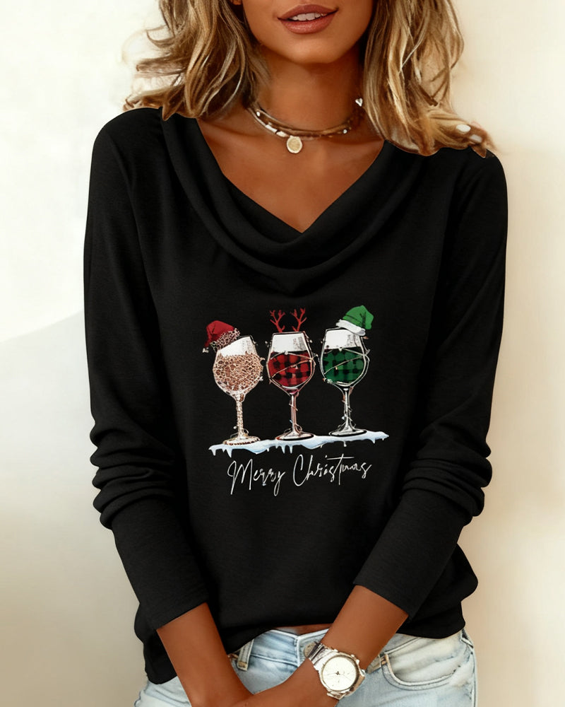 Layered Collar Top with Wine Glass Print