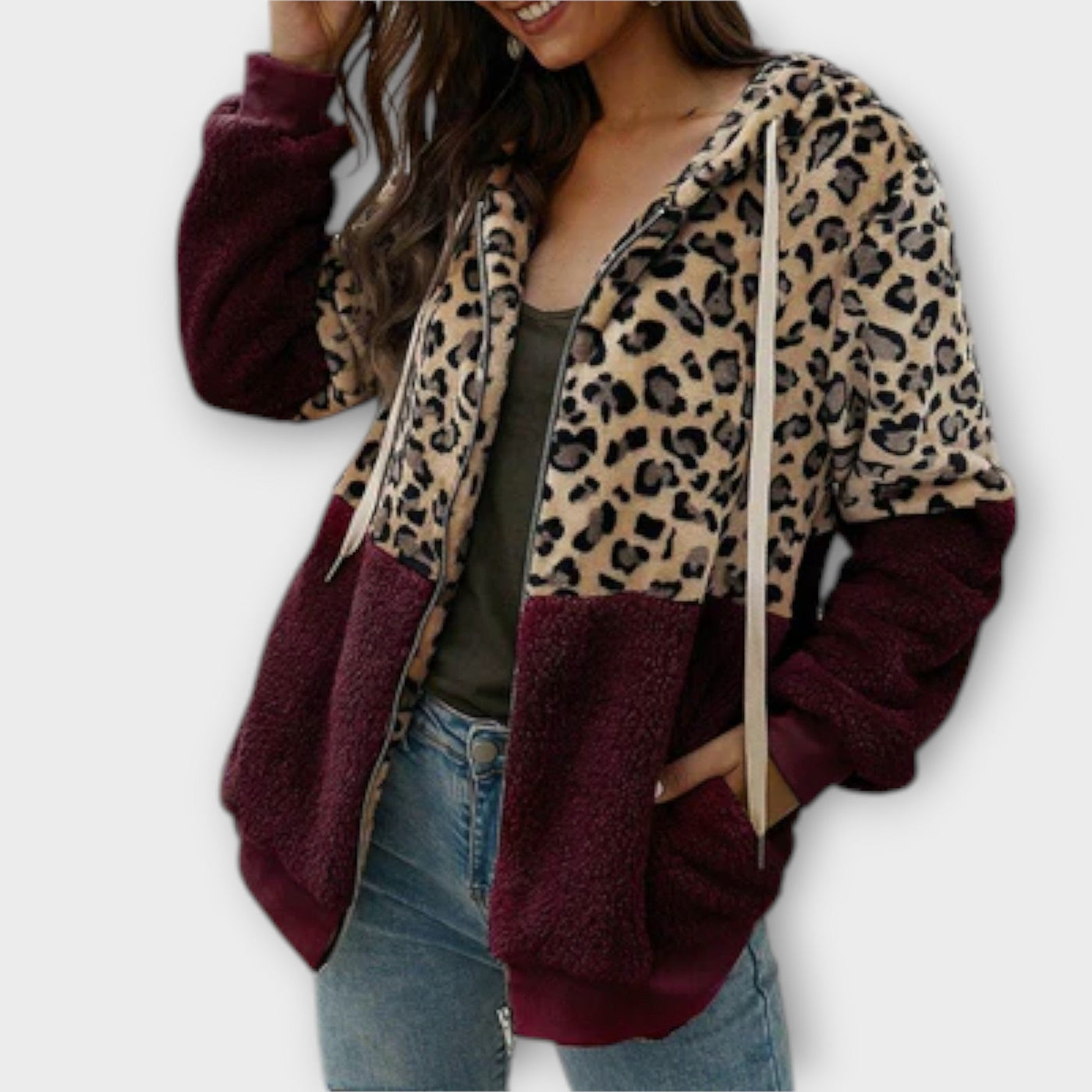 Fleece Hoodie with Leopard Design