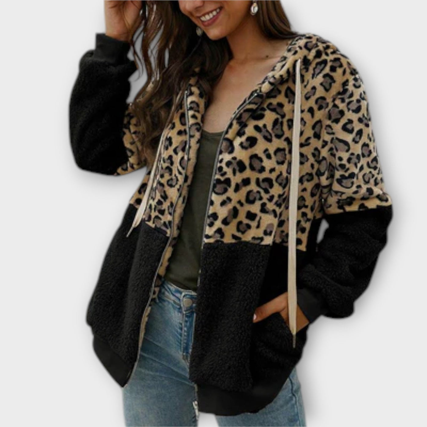 Fleece Hoodie with Leopard Design