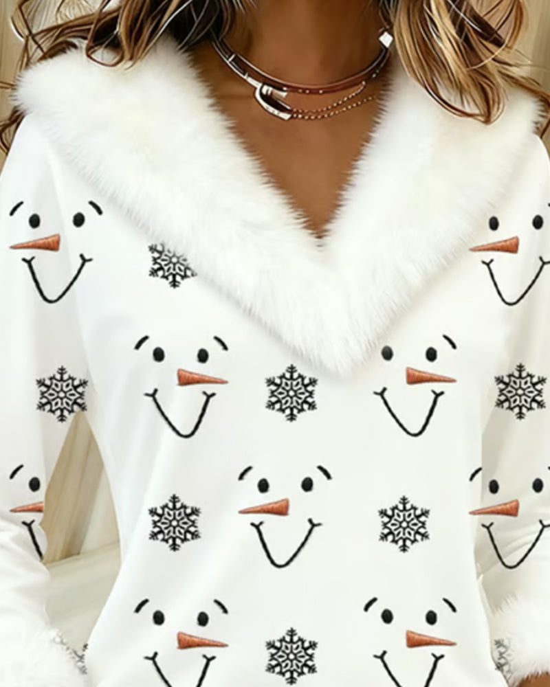 Trendy Printed Fur Collar Top