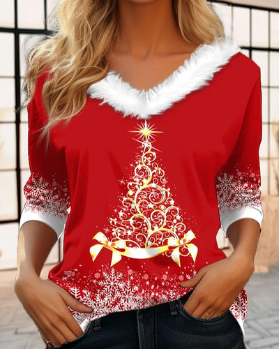 Fluffy Top with V-Neck and Christmas Tree Print