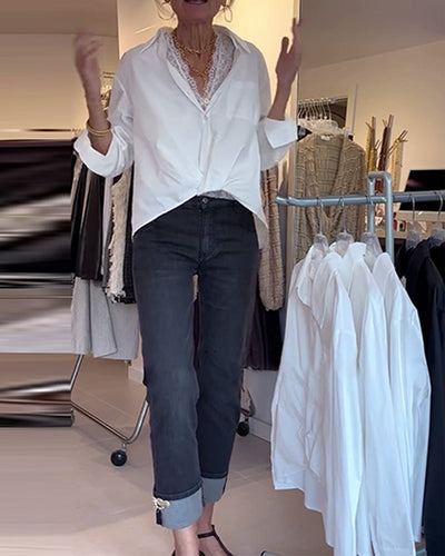 Shirt and Lace Underwear Set Solid Color Long Sleeves