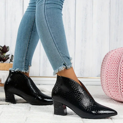 Women's Textured Ankle Boots with Curved Cut and Mid Block Heel
