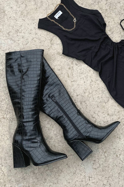 Mila™ Black Croc Knee-High Boots