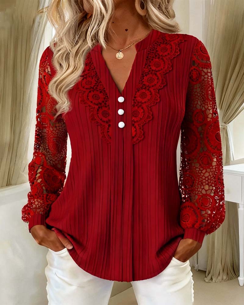 Lace Blouse with Panels Long Sleeves V-Neck