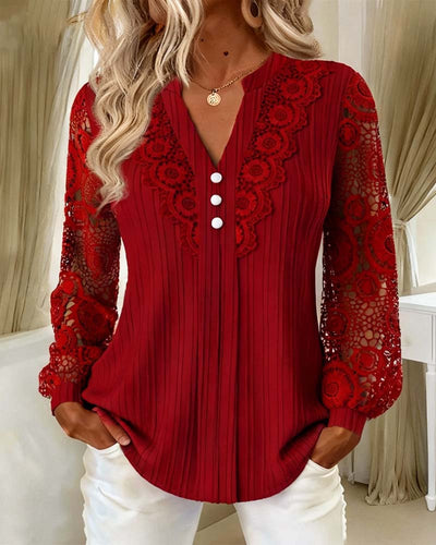 Lace Blouse with Panels Long Sleeves V-Neck