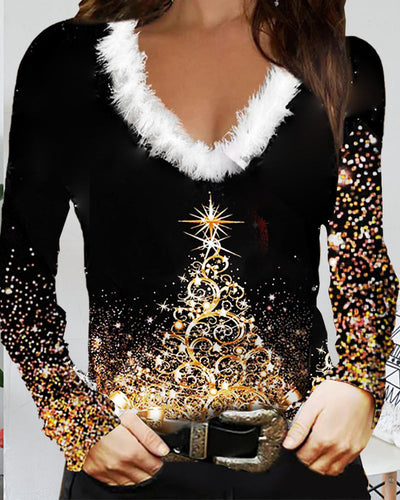 Top with Fur Collar and Christmas Print